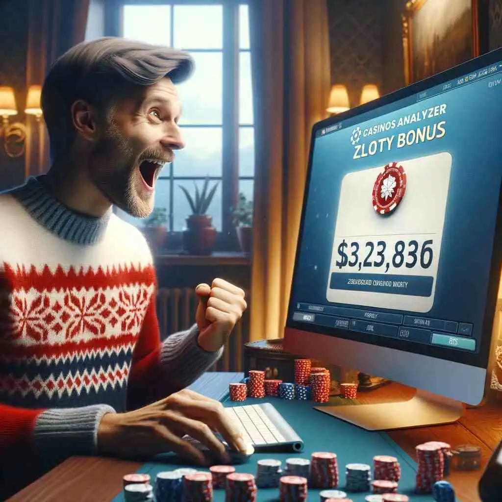 Cheerful man gets casino no deposit bonus Poland from casinos analyzer