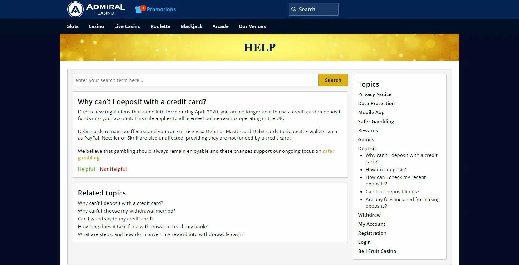 Admiral Casino Payment Methods