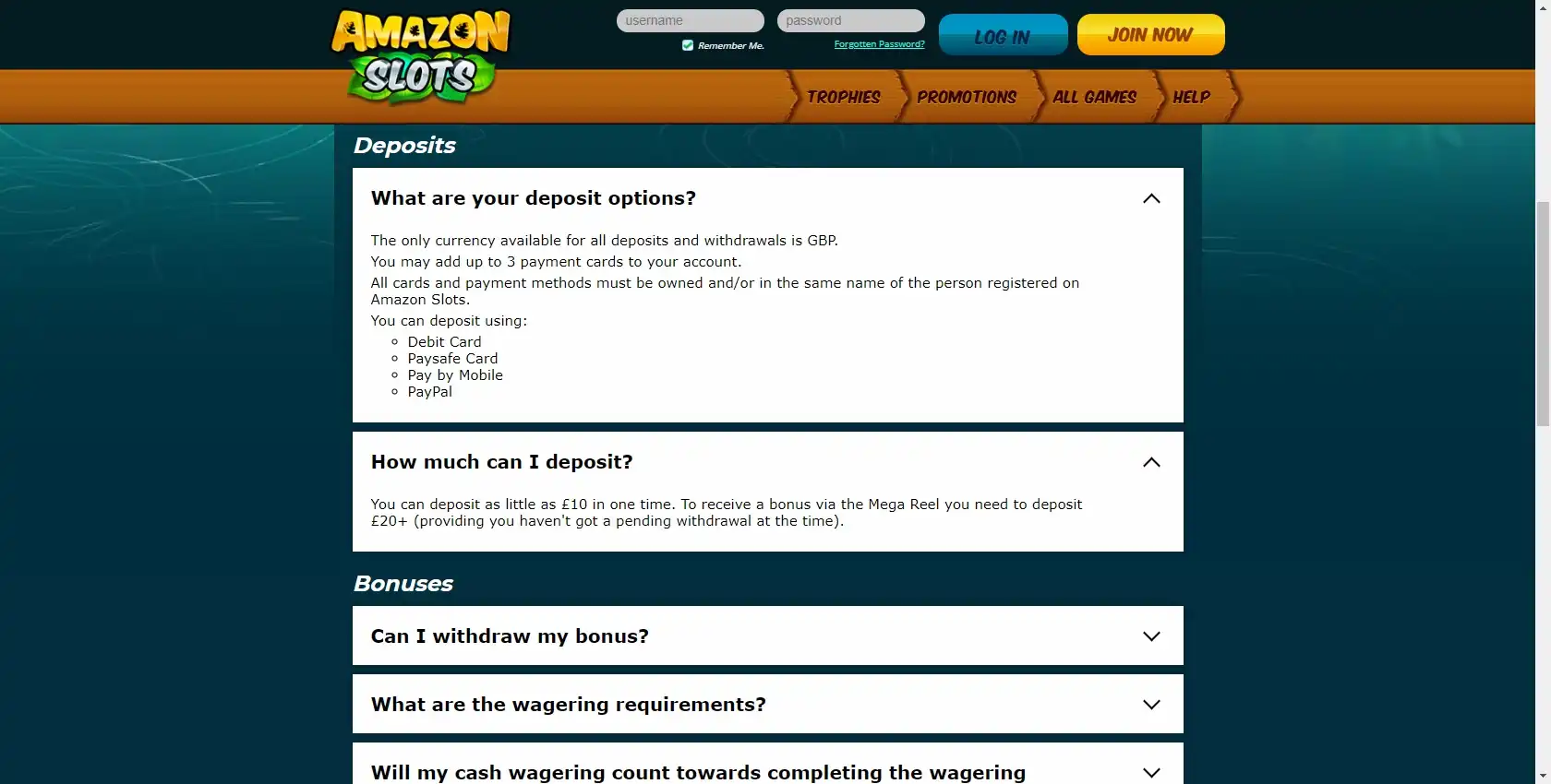 Amazon Slots Casino Payment Methods