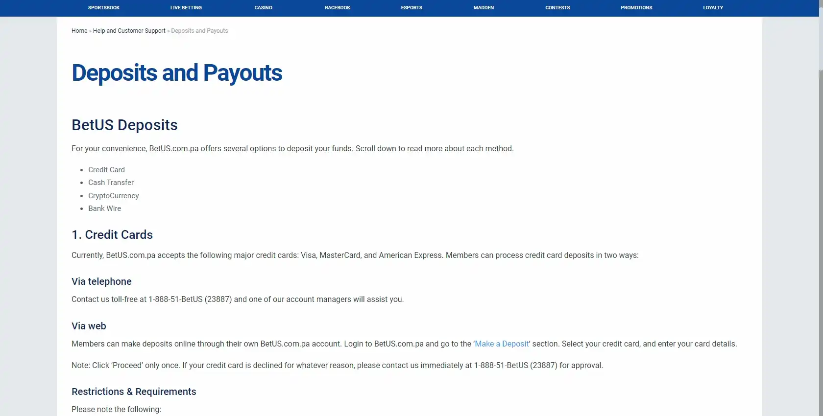 BetUS Casino Payment Methods