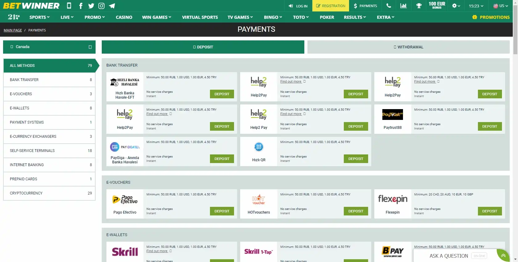 BetWinner Payment Methods