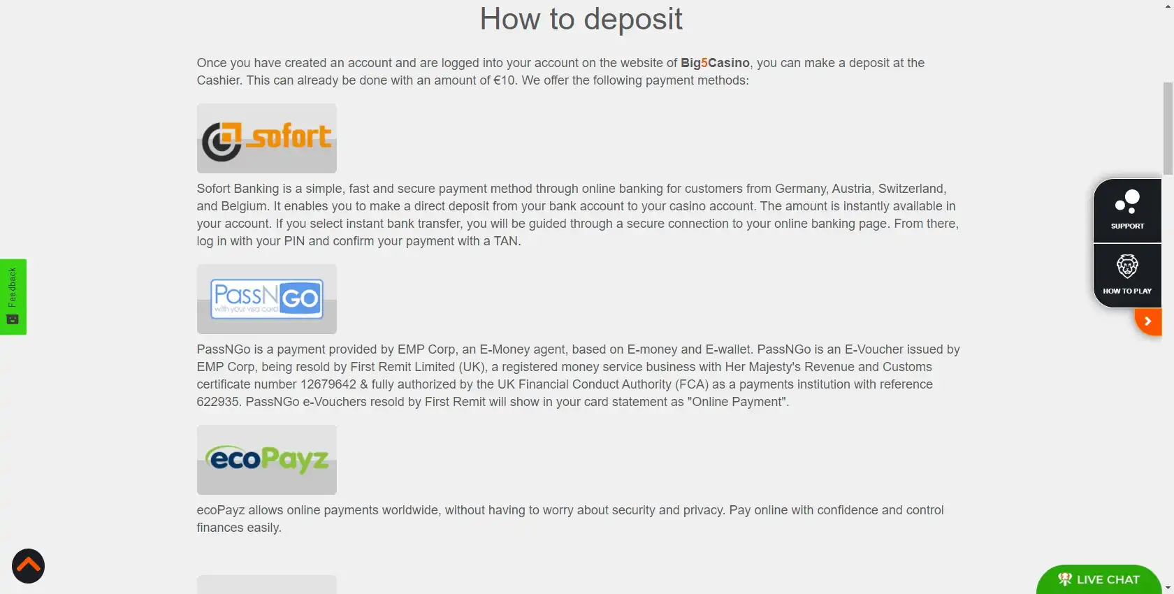 Big 5 Casino Payment Methods