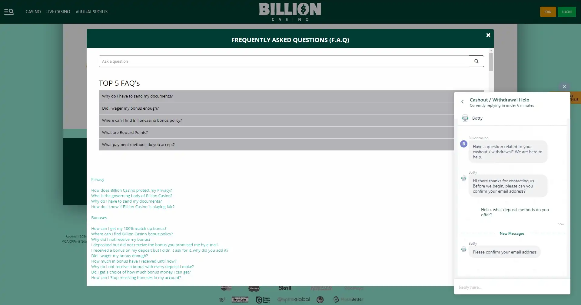 Billion Casino Support