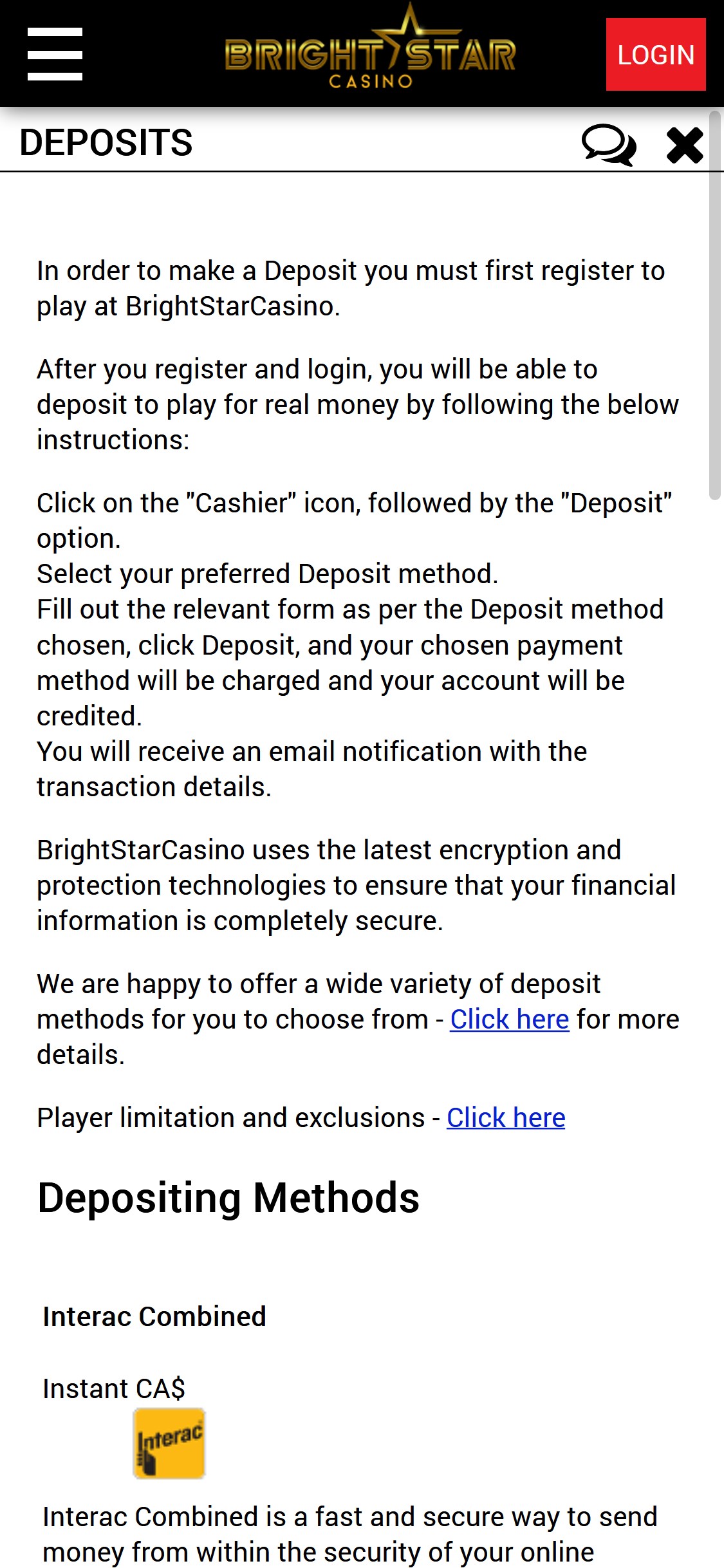 Brightstar Casino Mobile Payment Methods Review
