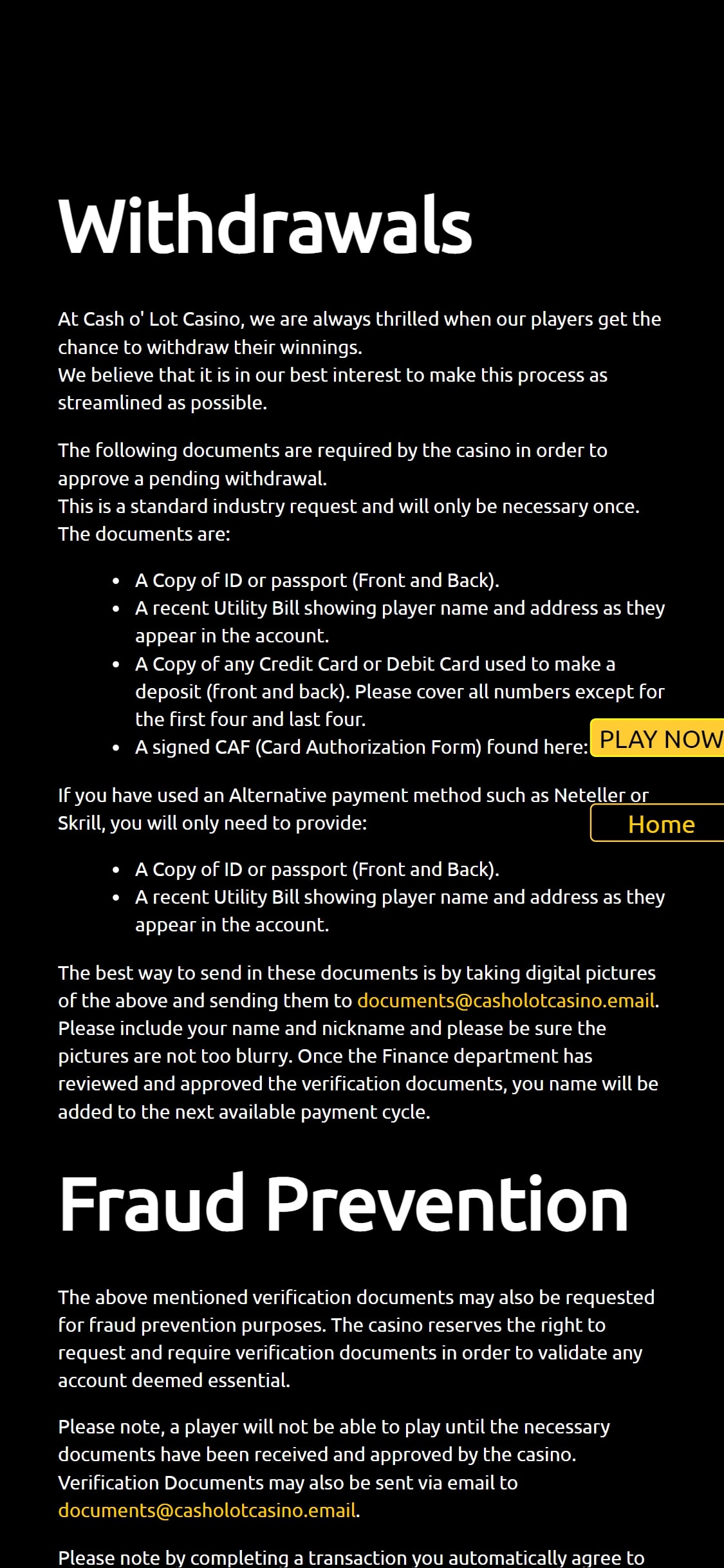 Cash o' Lot Casino Mobile Payment Methods Review