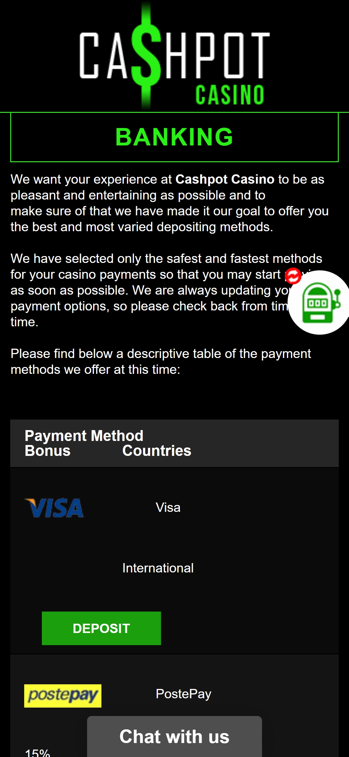 Cash Pot Casino Mobile Payment Methods Review