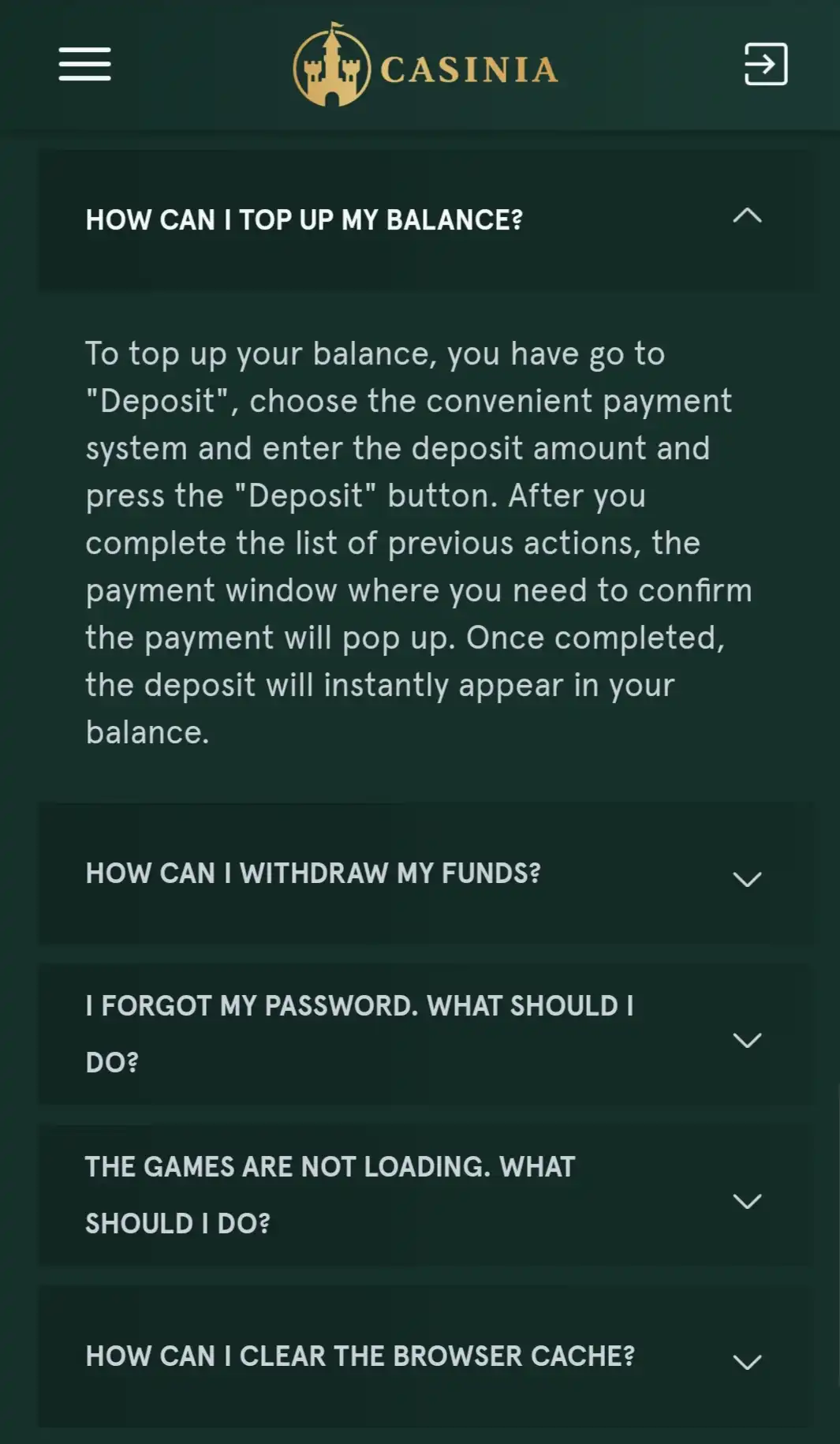Casinia Casino Mobile Payment Methods Review