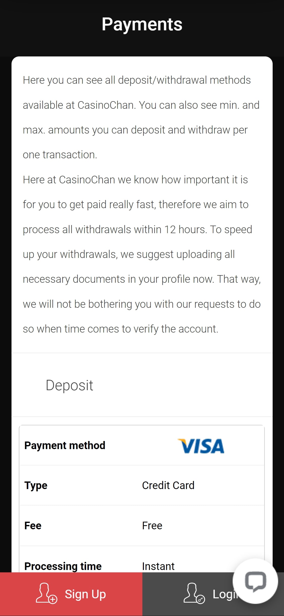 Casinochan Mobile Payment Methods Review