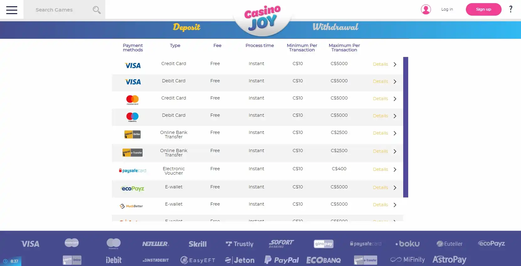 Casino Joy Payment Methods