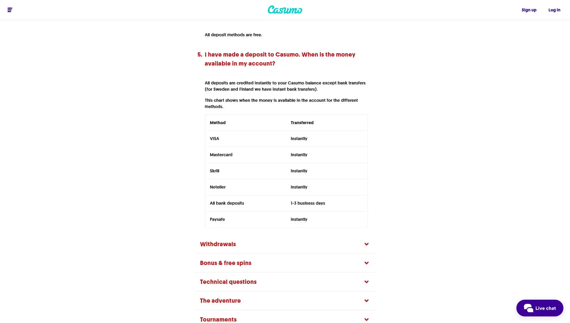 Casumo Casino Payment Methods