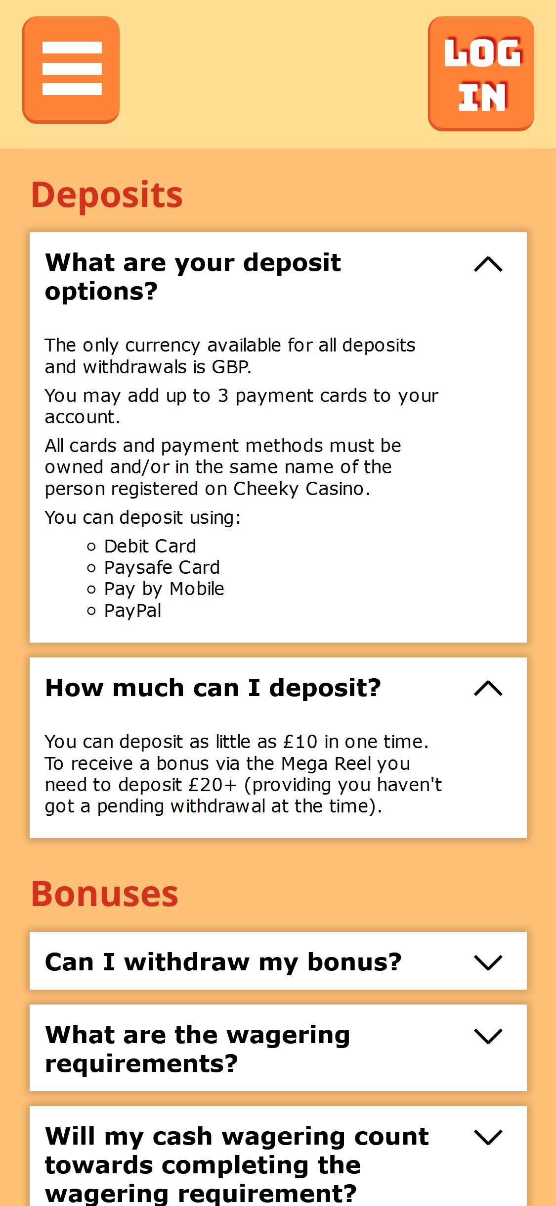 Cheeky Casino Mobile Payment Methods Review