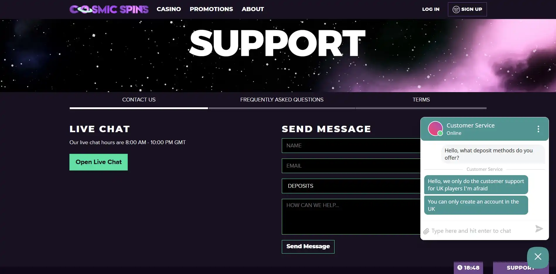 Cosmic Spins Casino Support