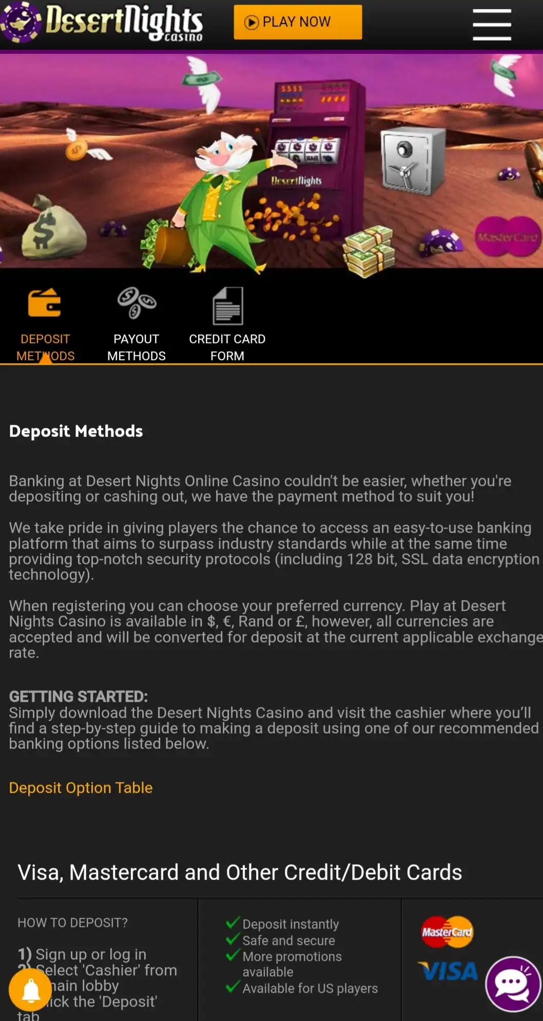 Desert Nights Casino Mobile Payment Methods Review