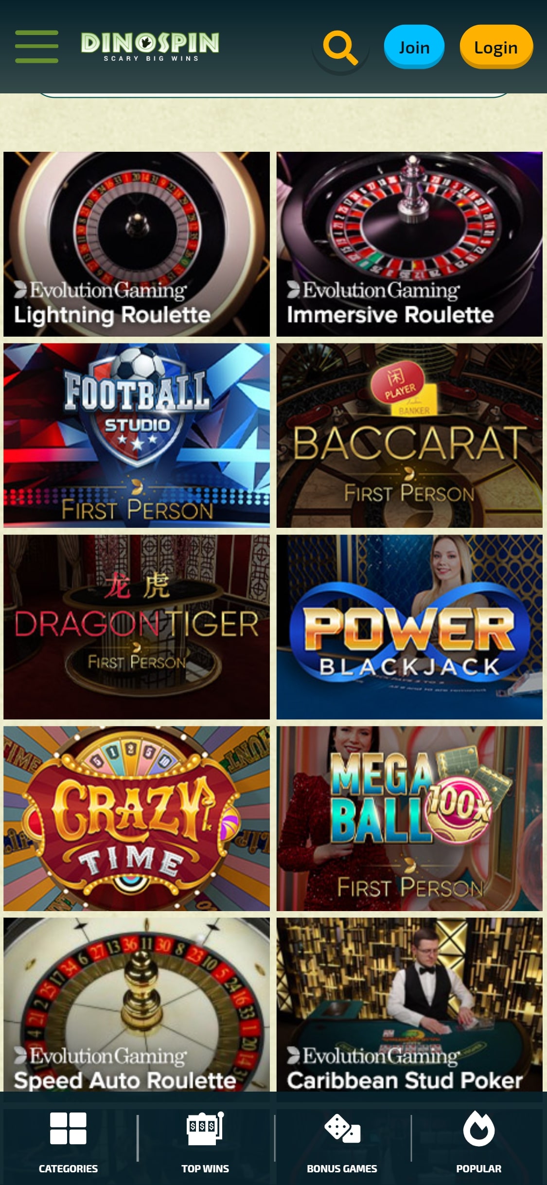 DinoSpin Casino Mobile Live Dealer Games Review