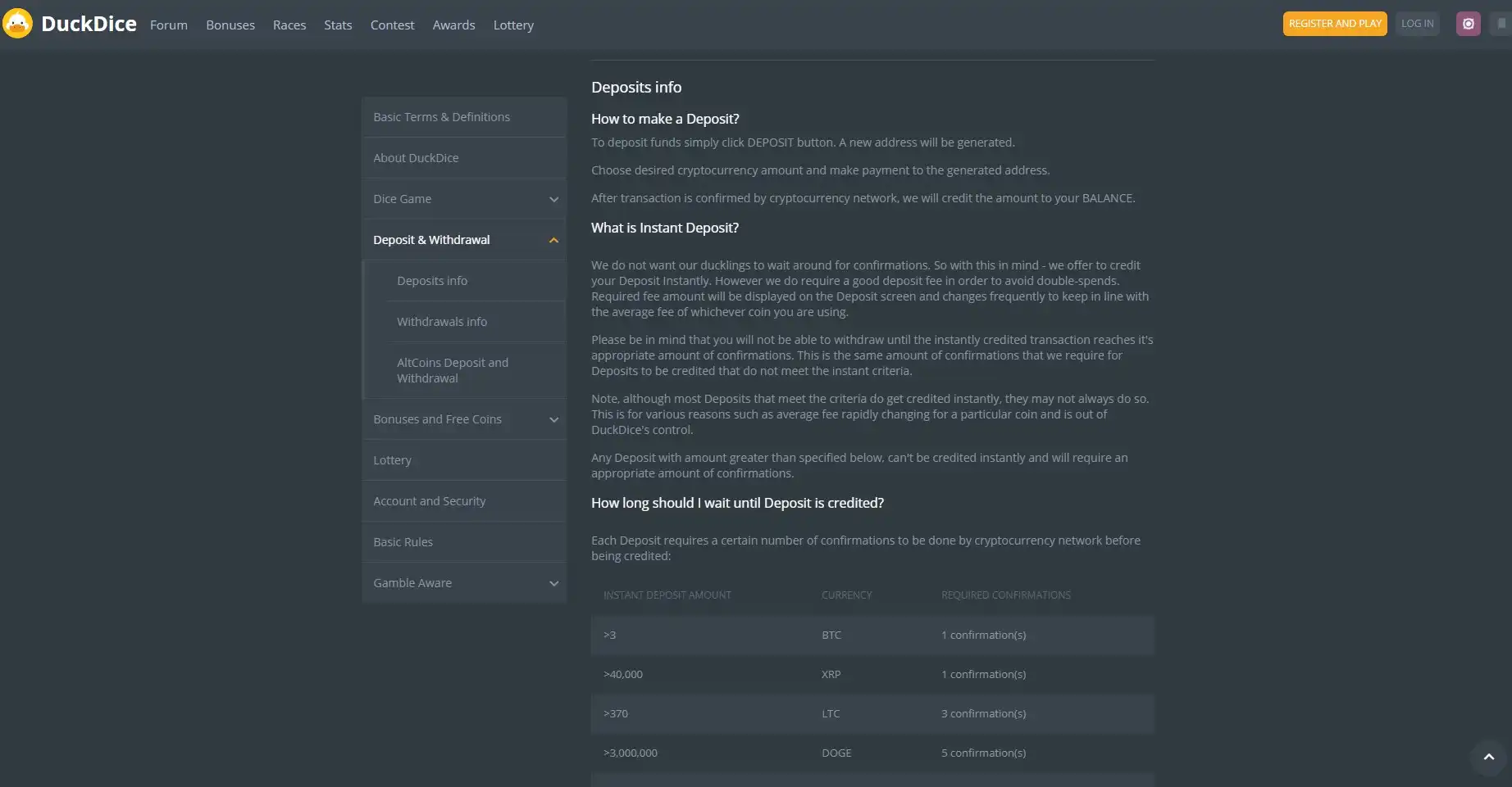 DuckDice Casino Payment Methods