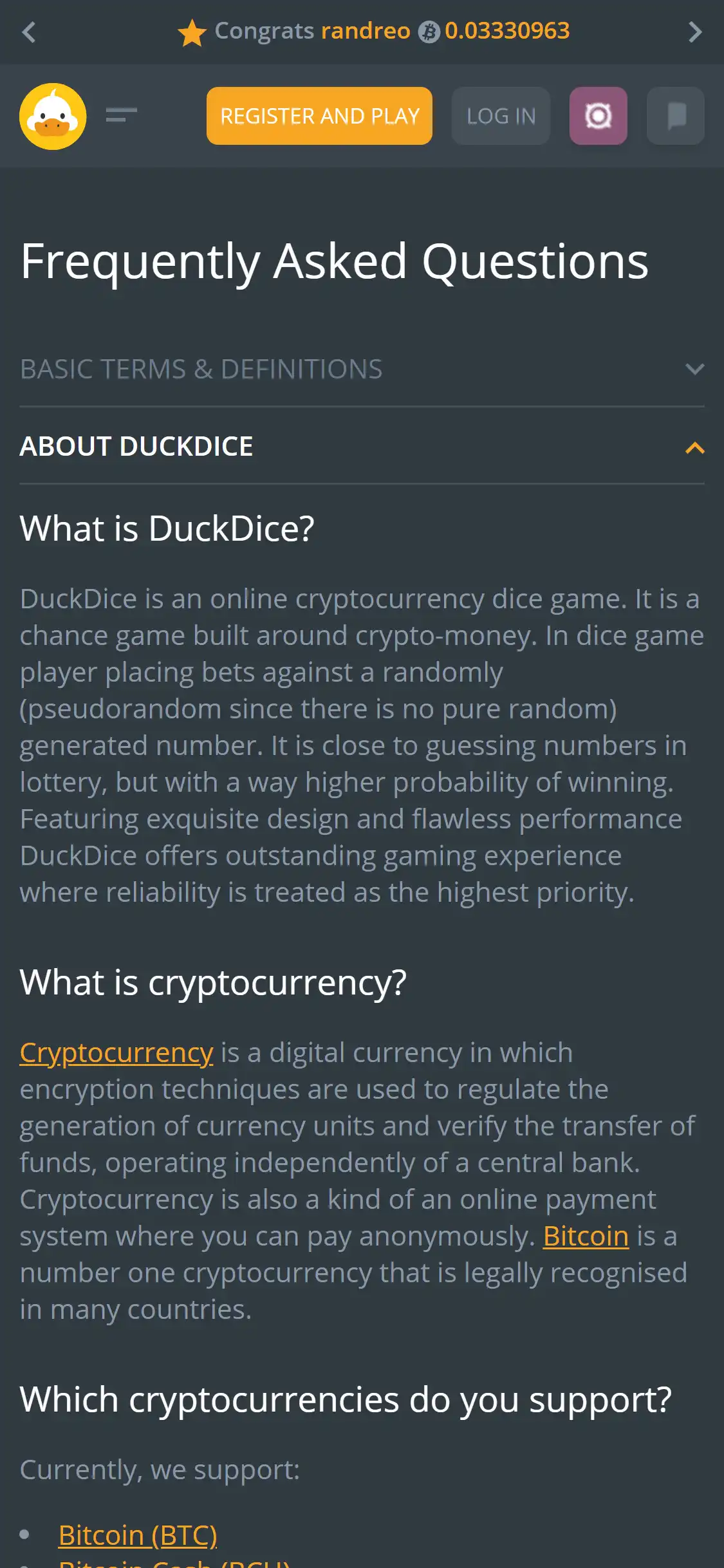 DuckDice Casino Mobile Payment Methods Review