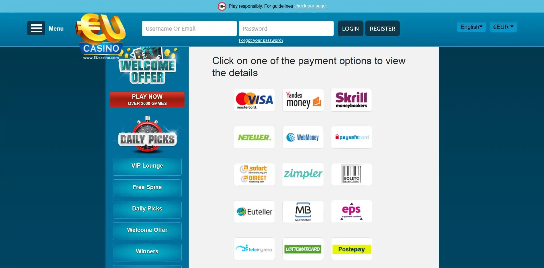 EUCasino Payment Methods