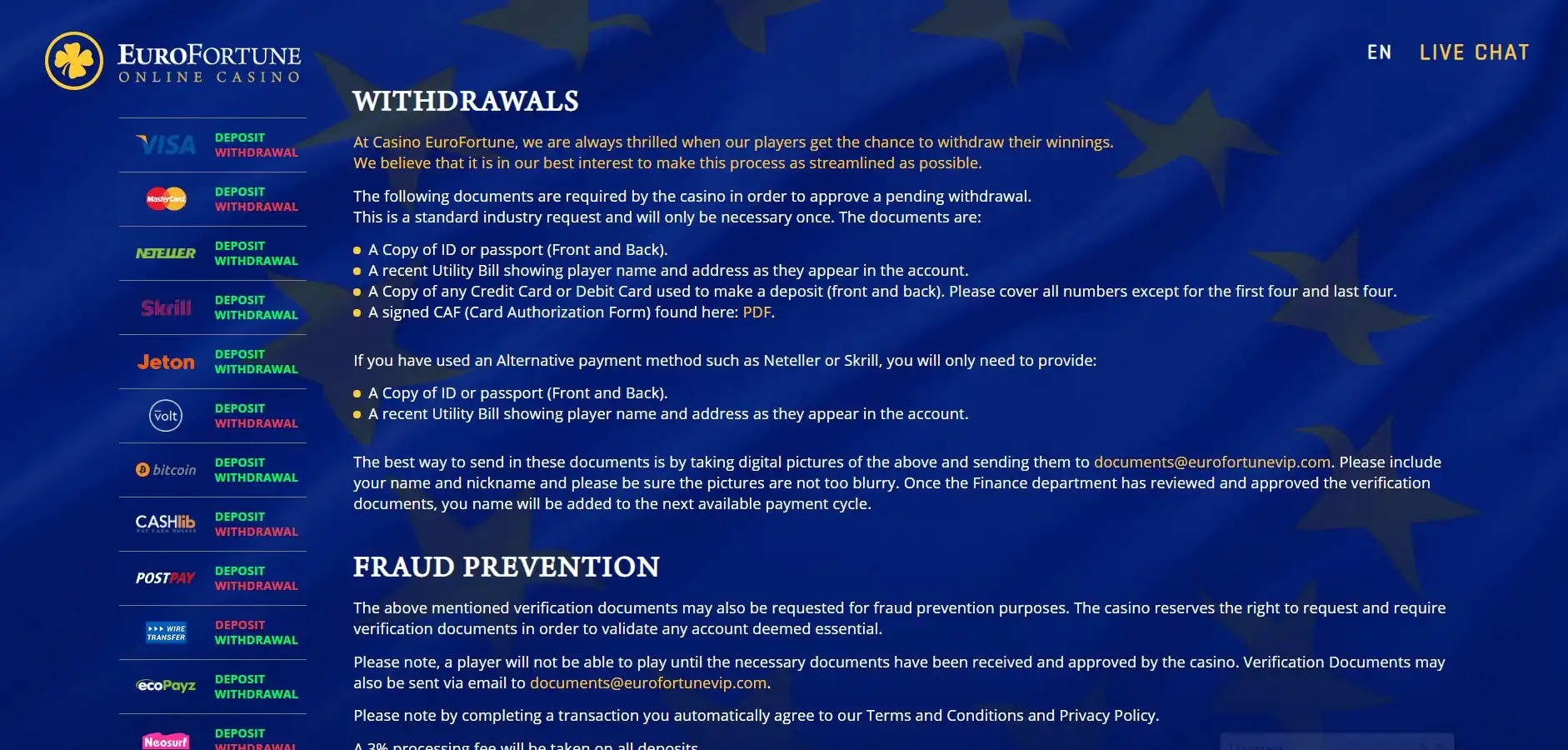 Euro Fortune Casino Payment Methods