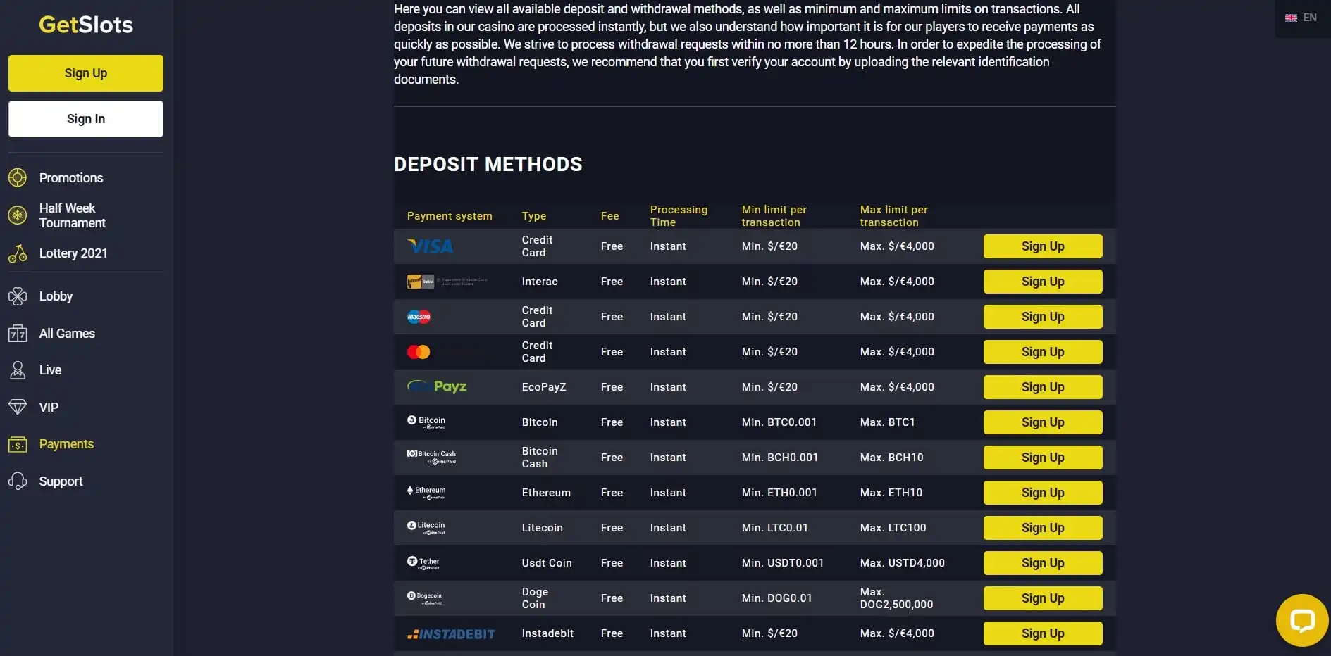 GetSlots Casino Payment Methods