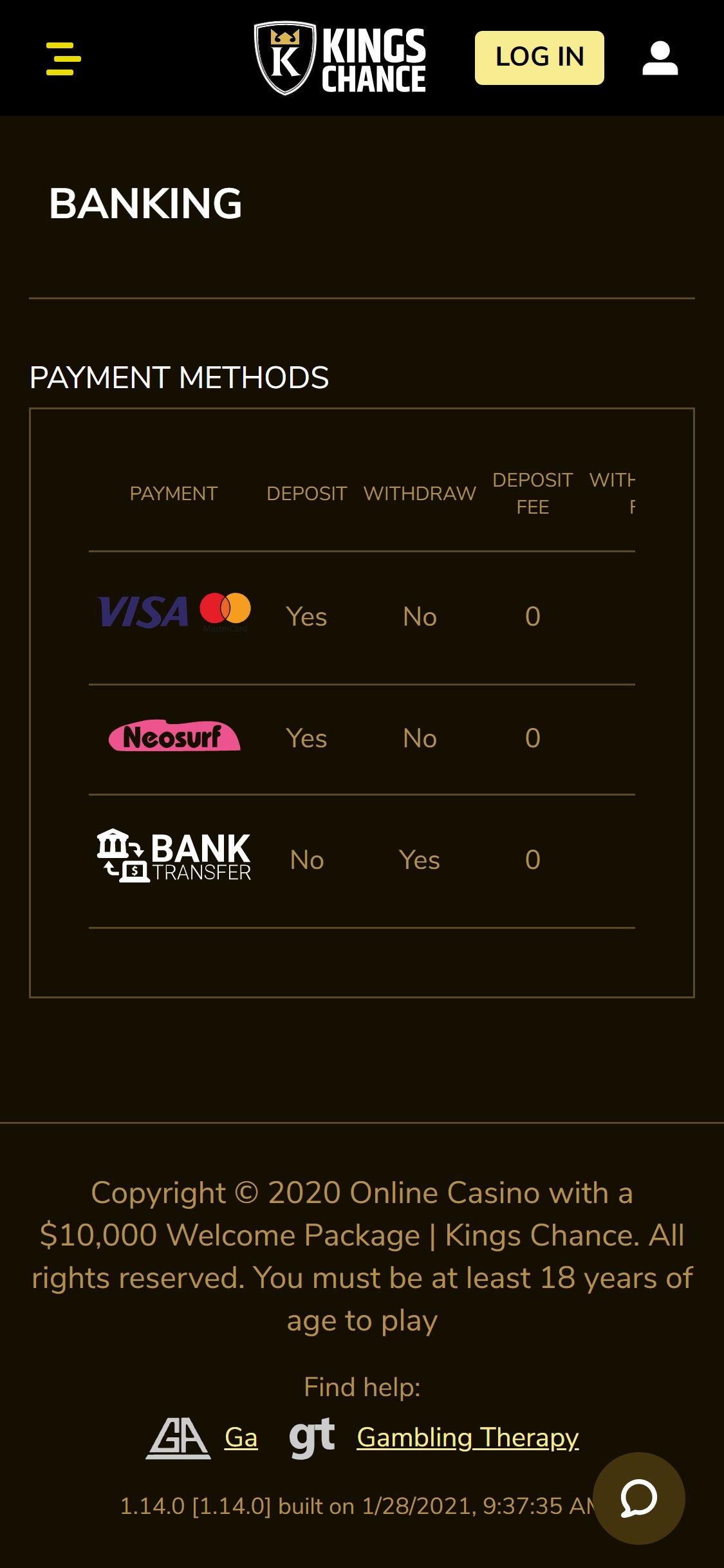 Kings Chance Casino Mobile Payment Methods Review
