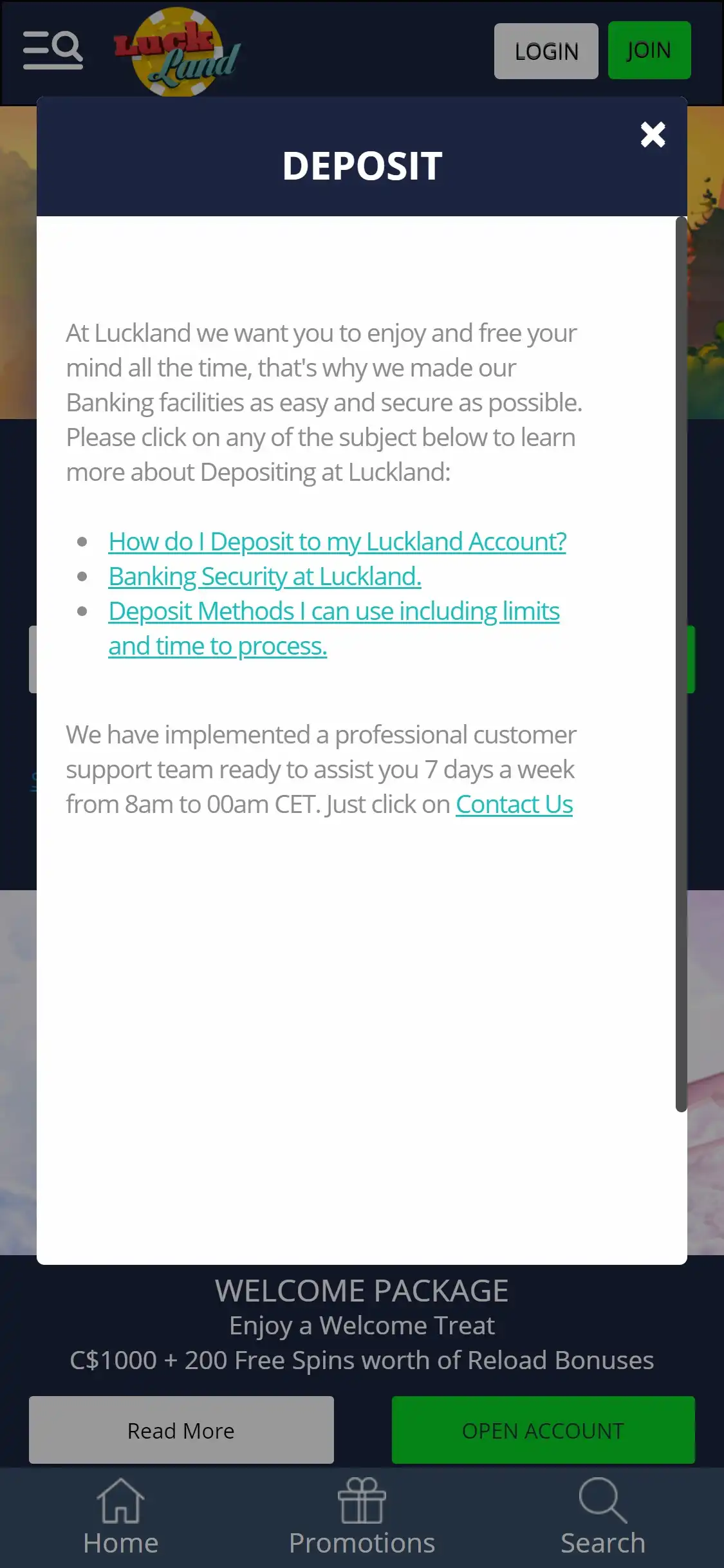 LuckLand Casino Mobile Payment Methods Review