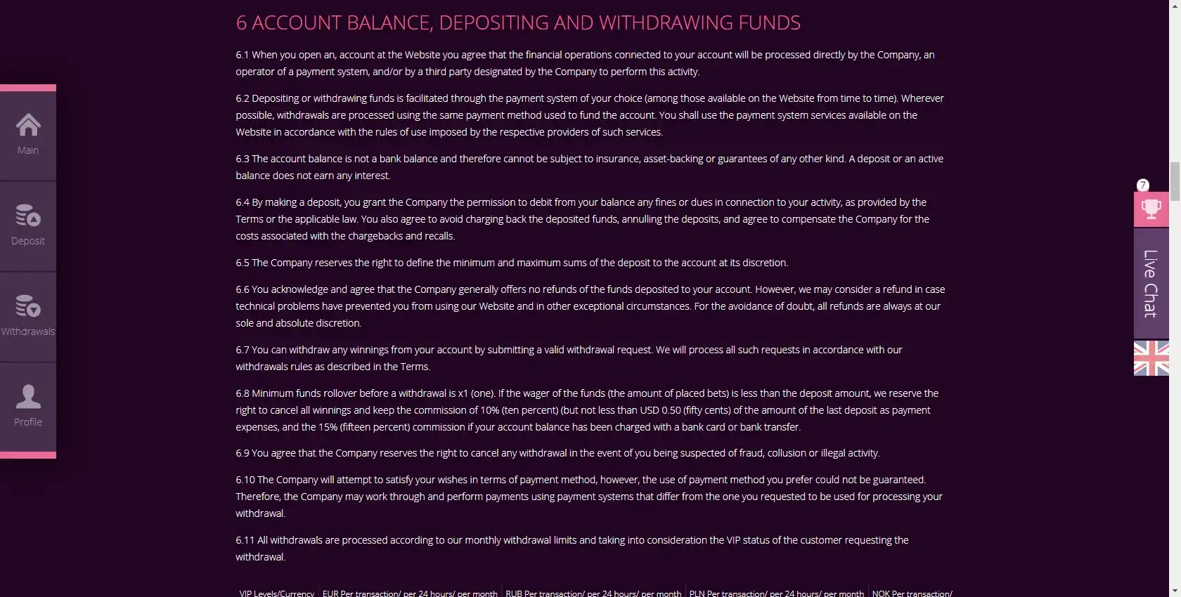 Malina Casino Payment Methods