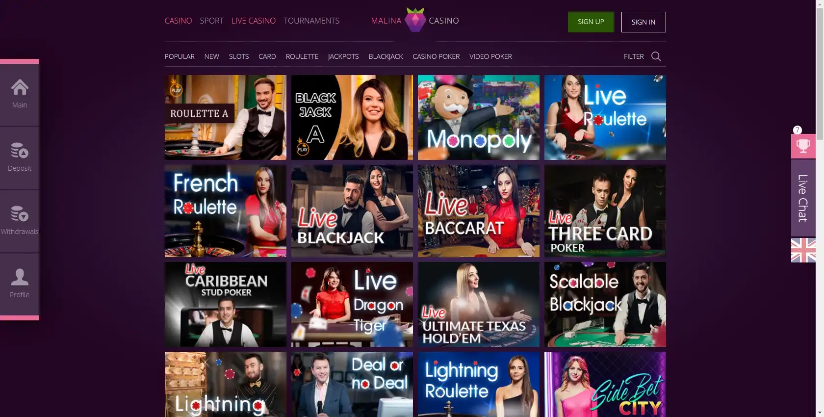 Malina Casino Live Dealer Games