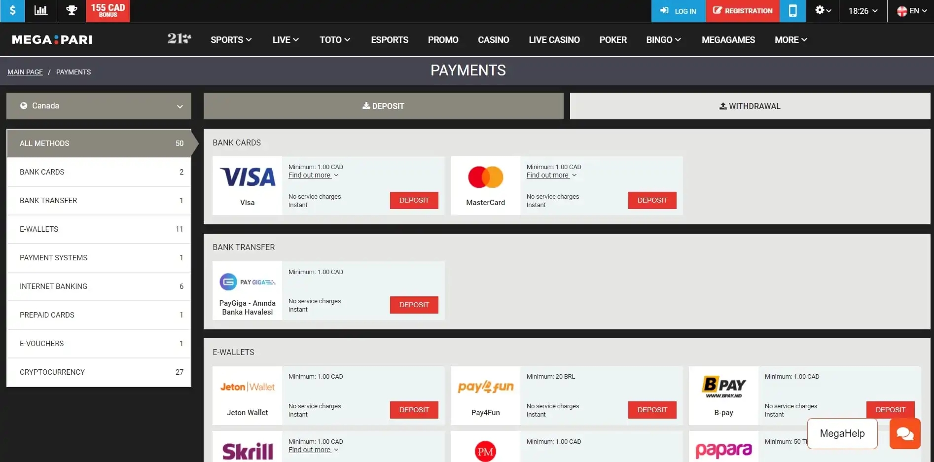 Megapari Casino Payment Methods