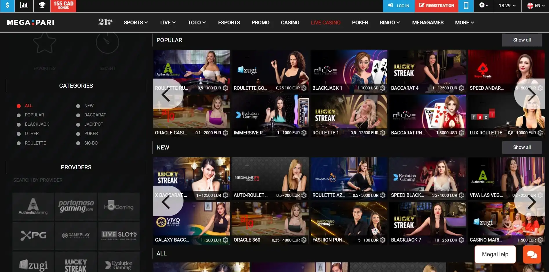 Megapari Casino Live Dealer Games