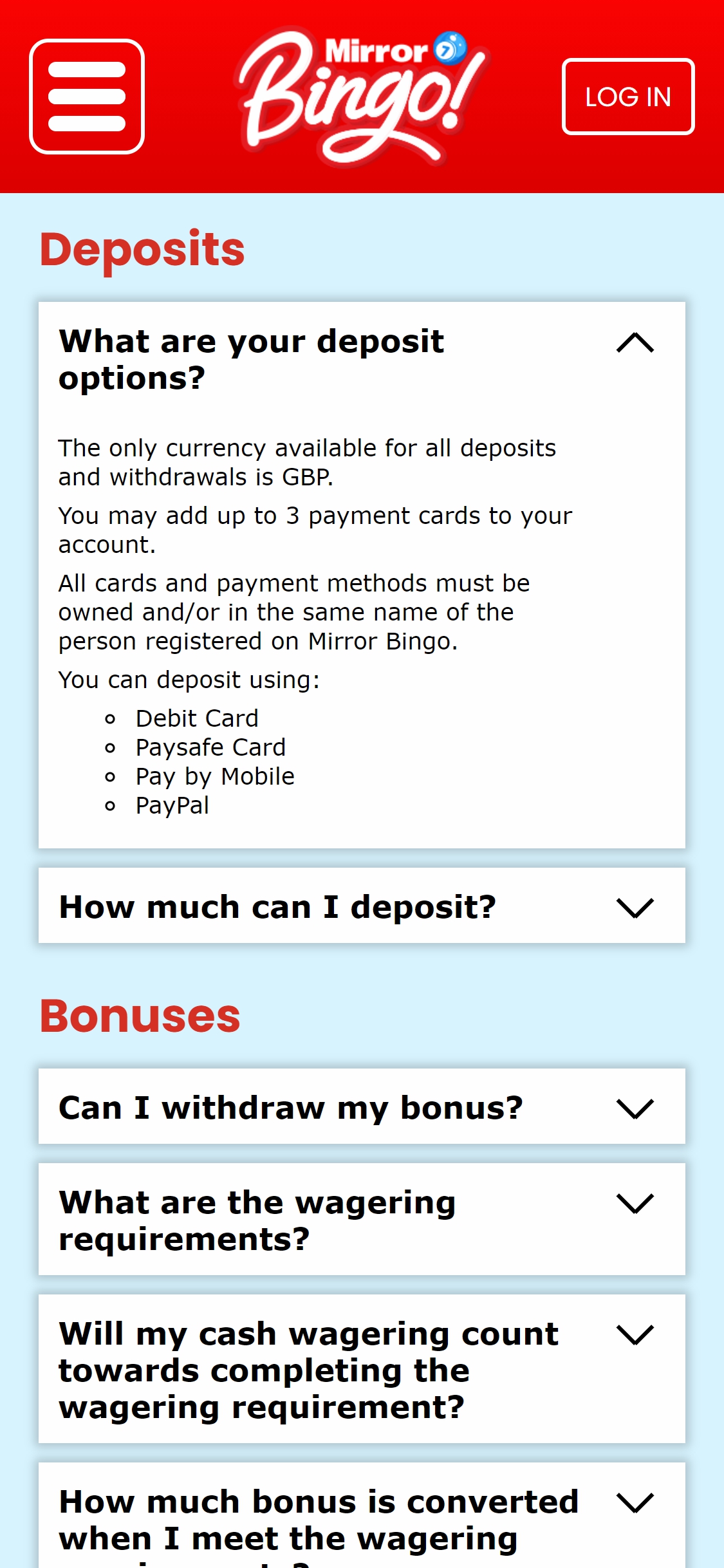 Mirror Bingo Casino Mobile Payment Methods Review