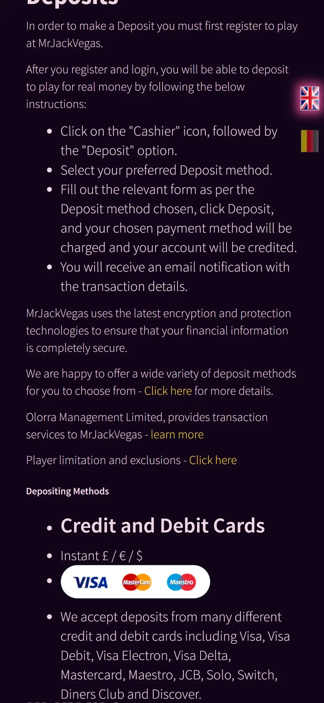 MrJackVegas Casino Mobile Payment Methods Review