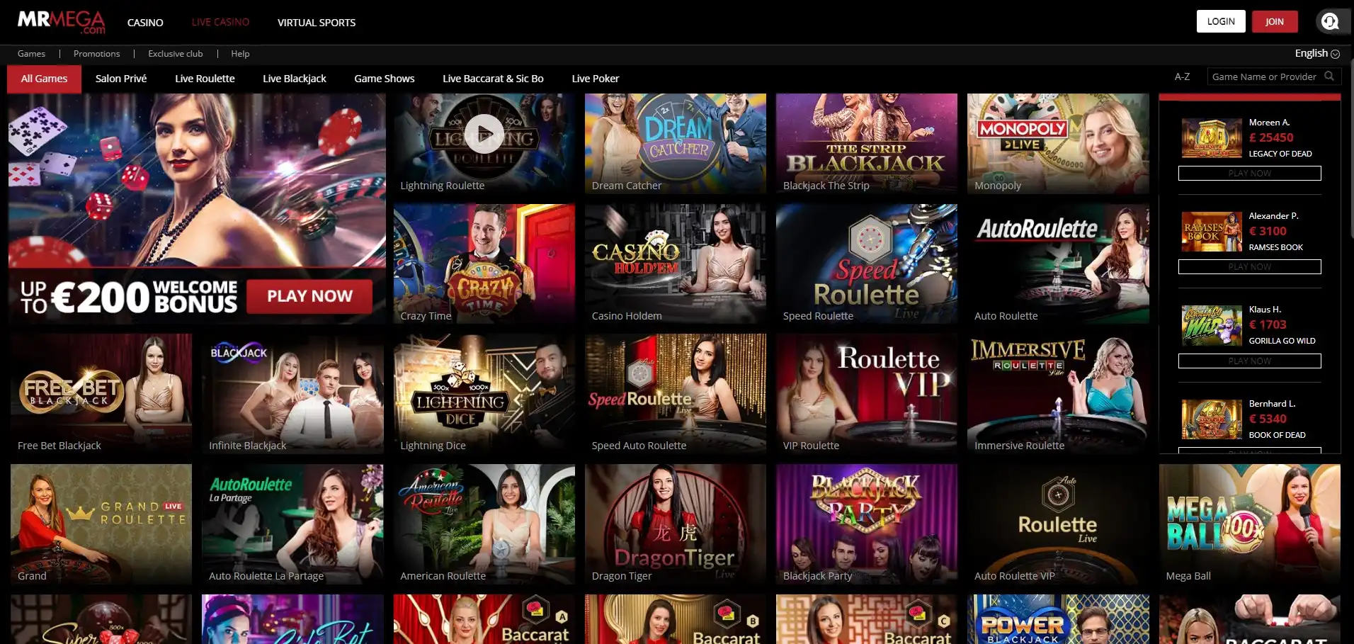 MrMega Casino Live Dealer Games