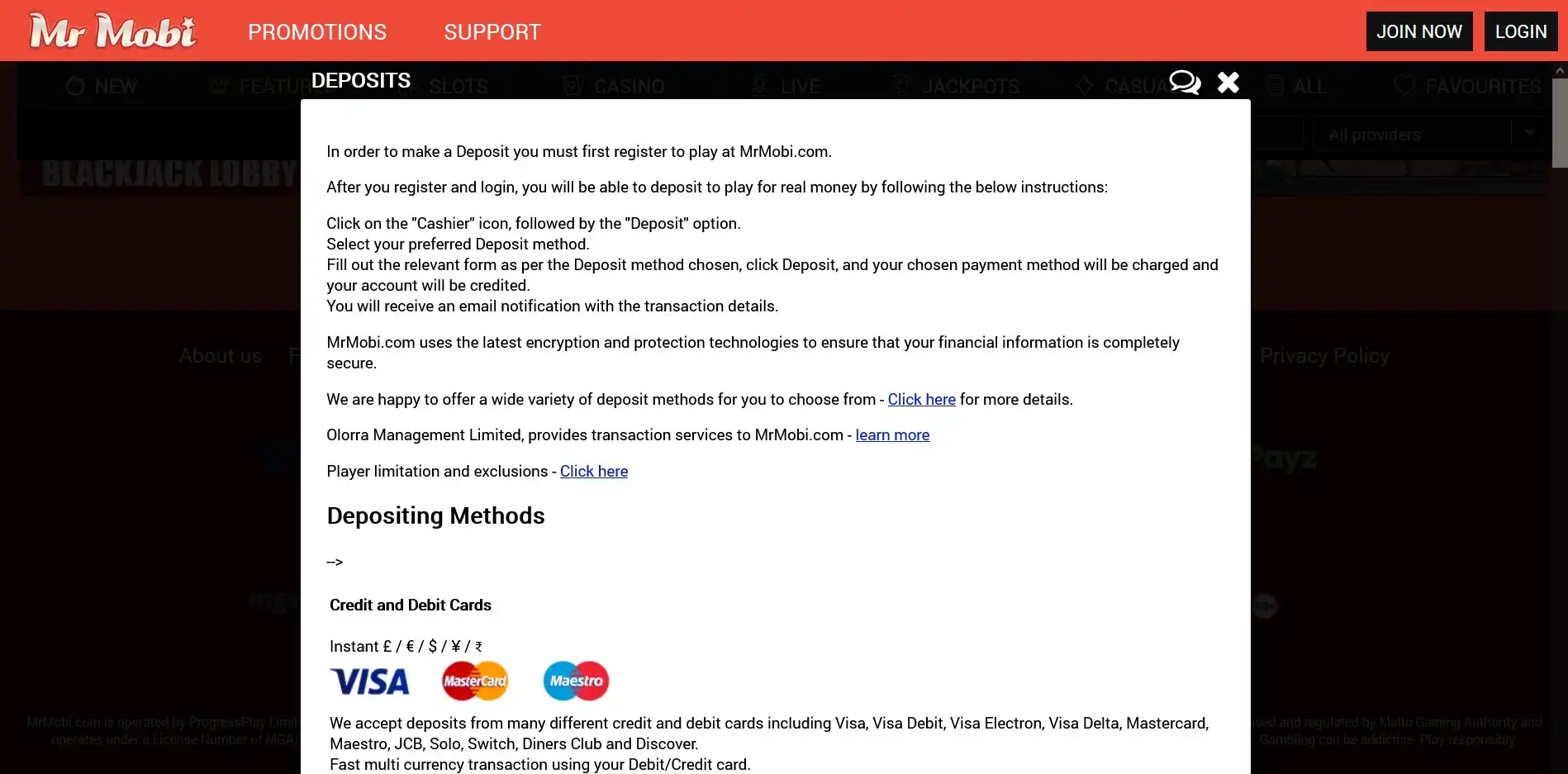 Mr Mobi Casino Payment Methods