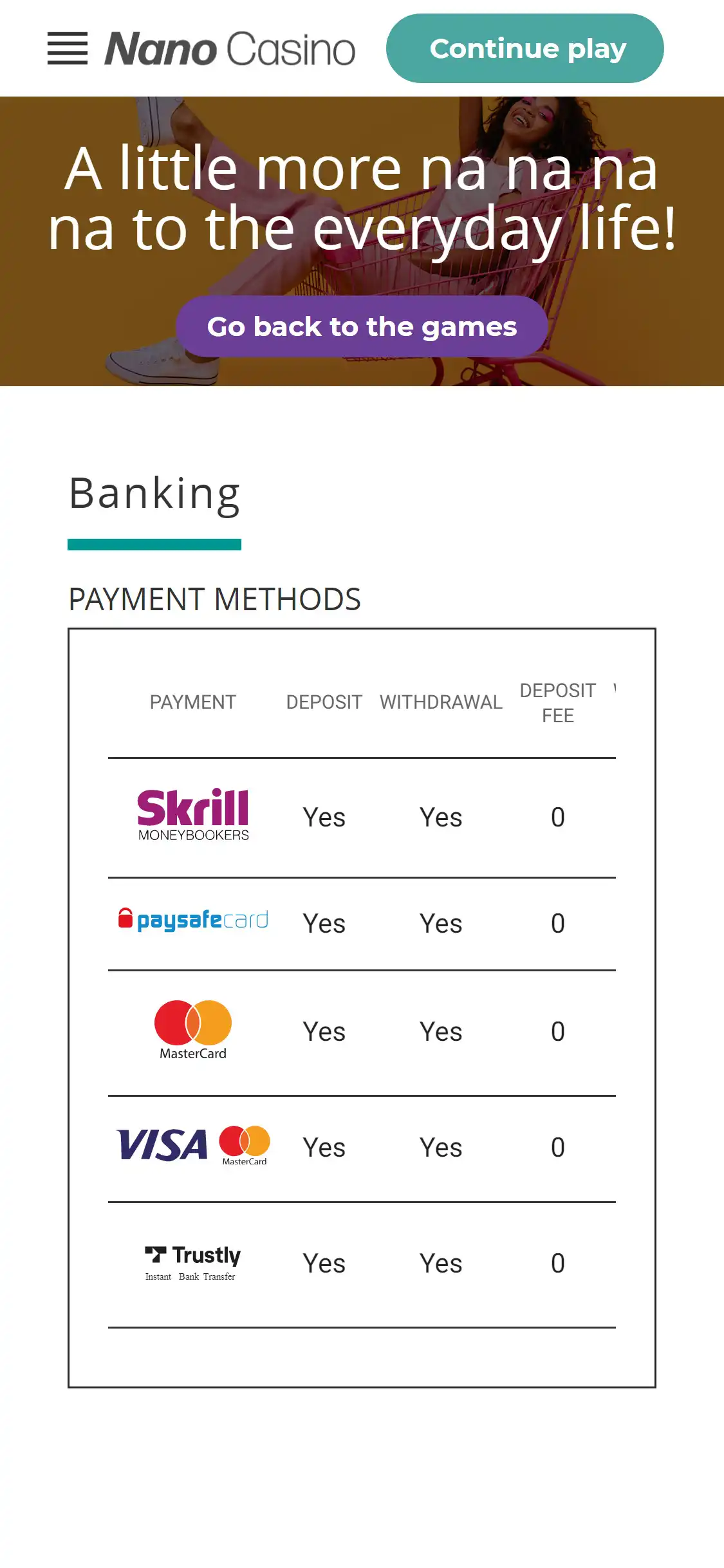 Nano Casino Mobile Payment Methods Review