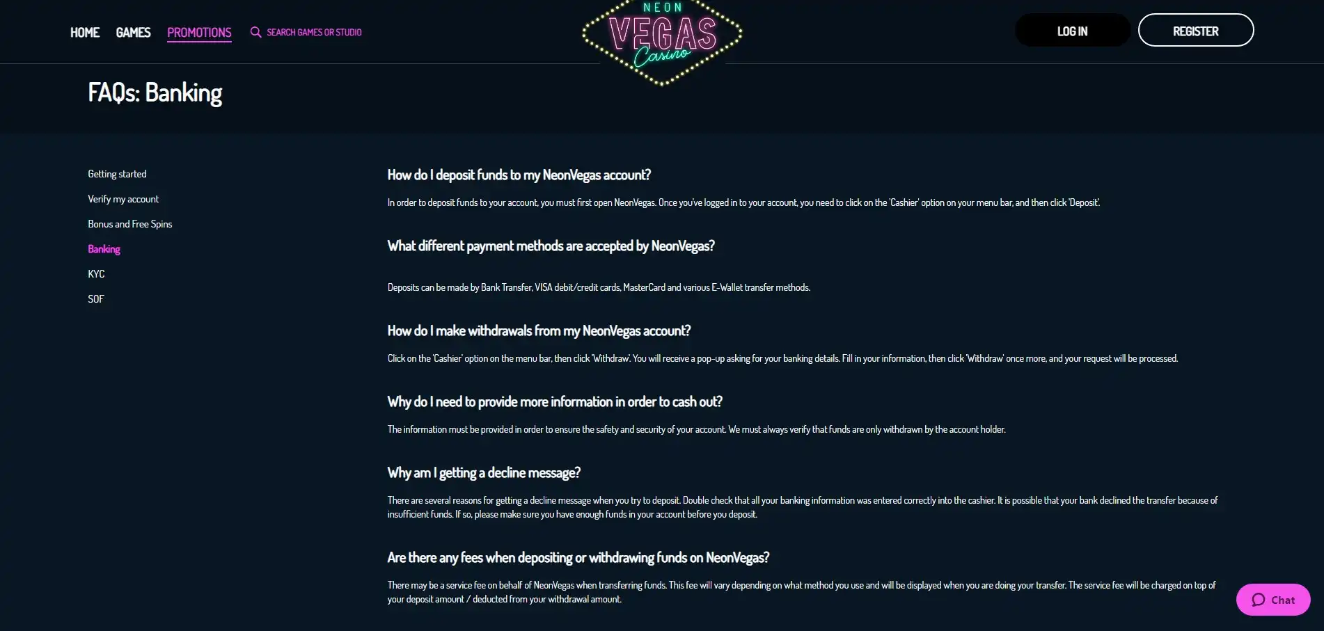 Neon Vegas Payment Methods