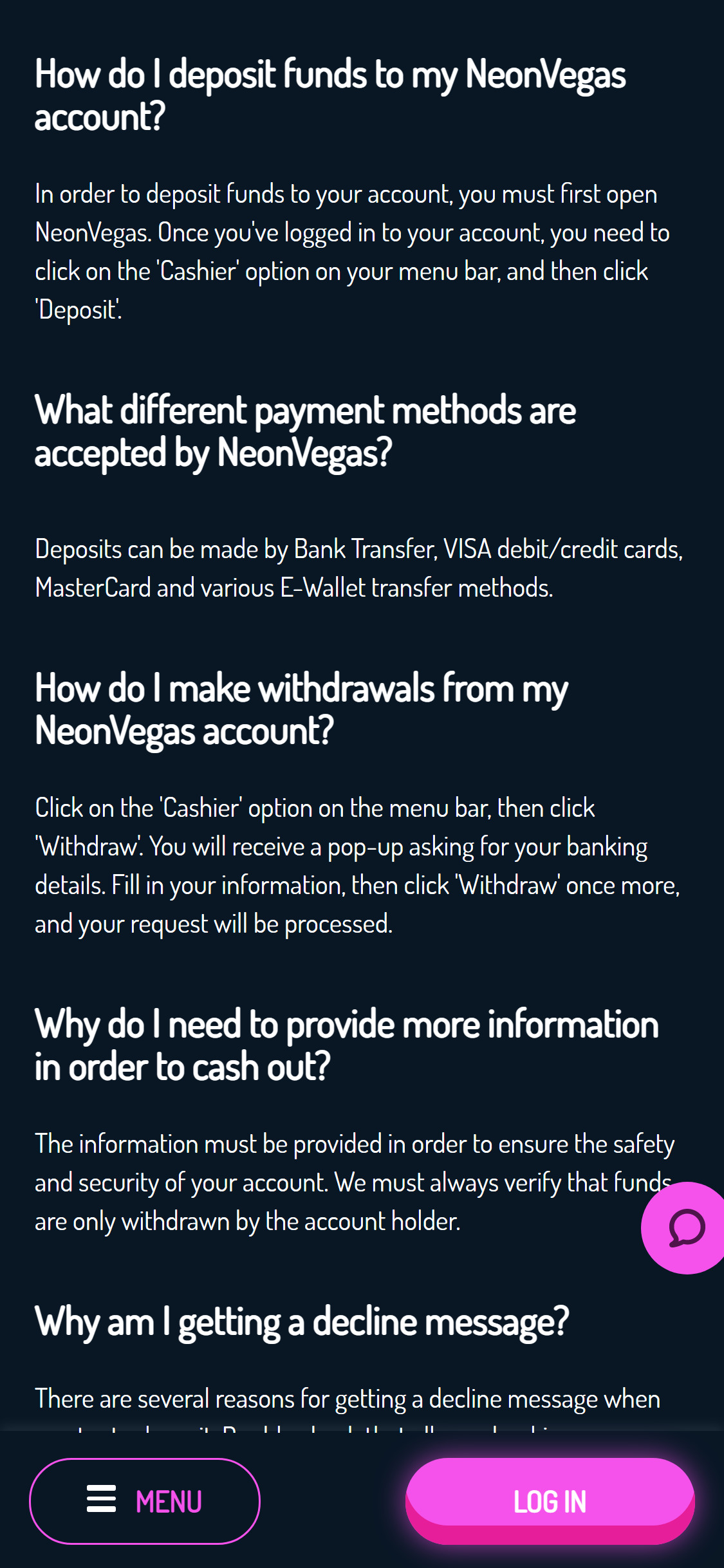 Neon Vegas Mobile Payment Methods Review