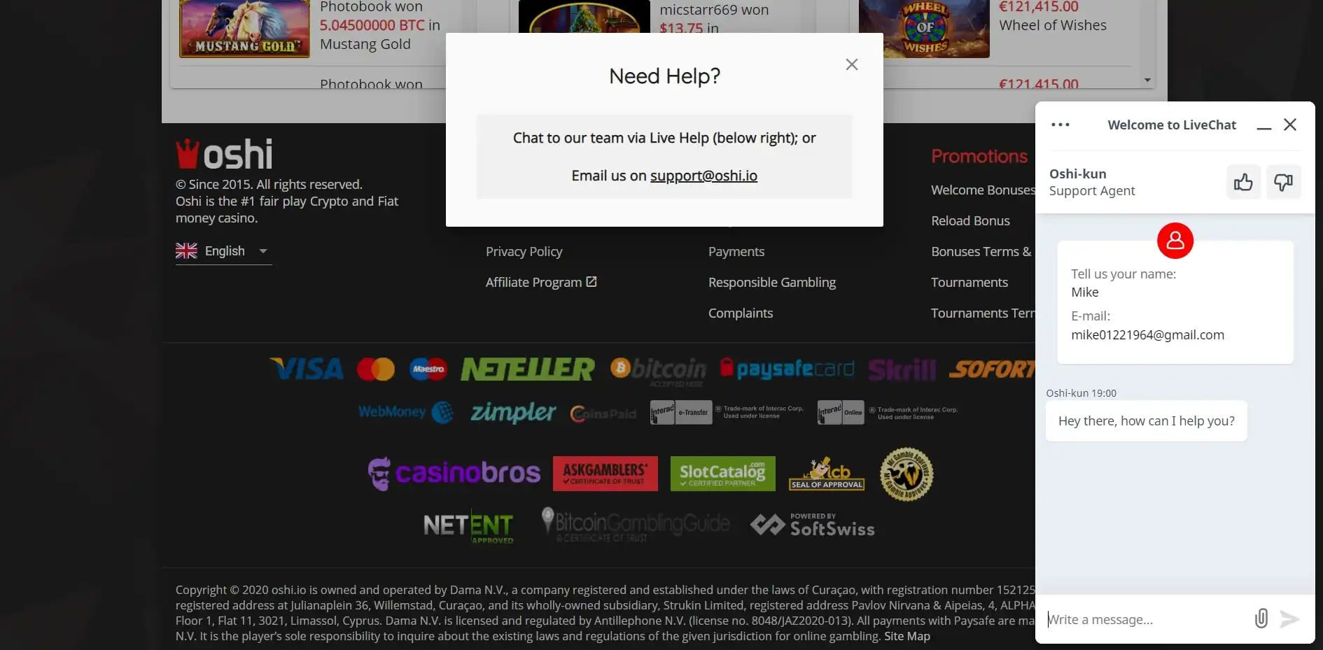 Oshi Casino Support