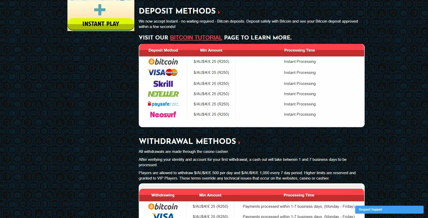 Paradise 8 Casino Payment Methods