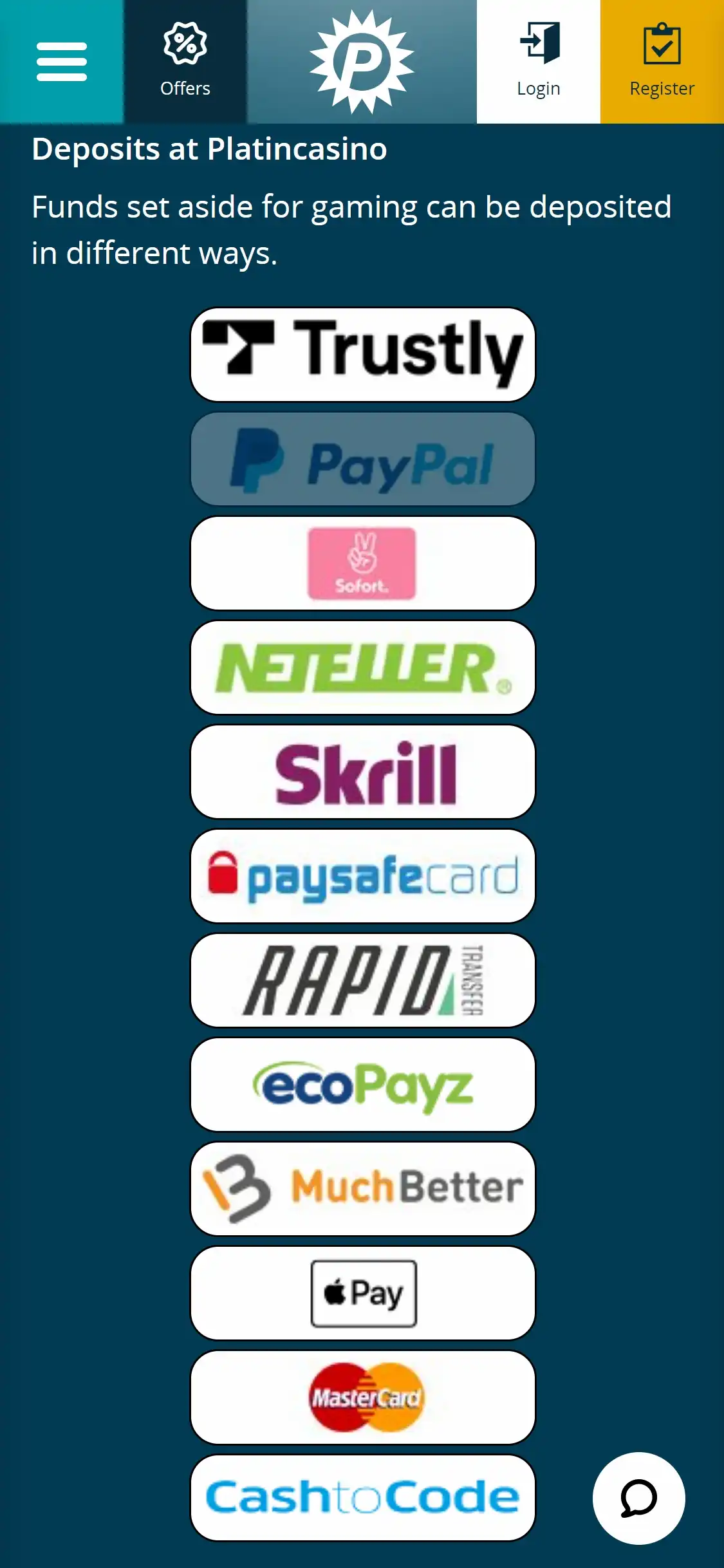 Platin Casino Mobile Payment Methods Review
