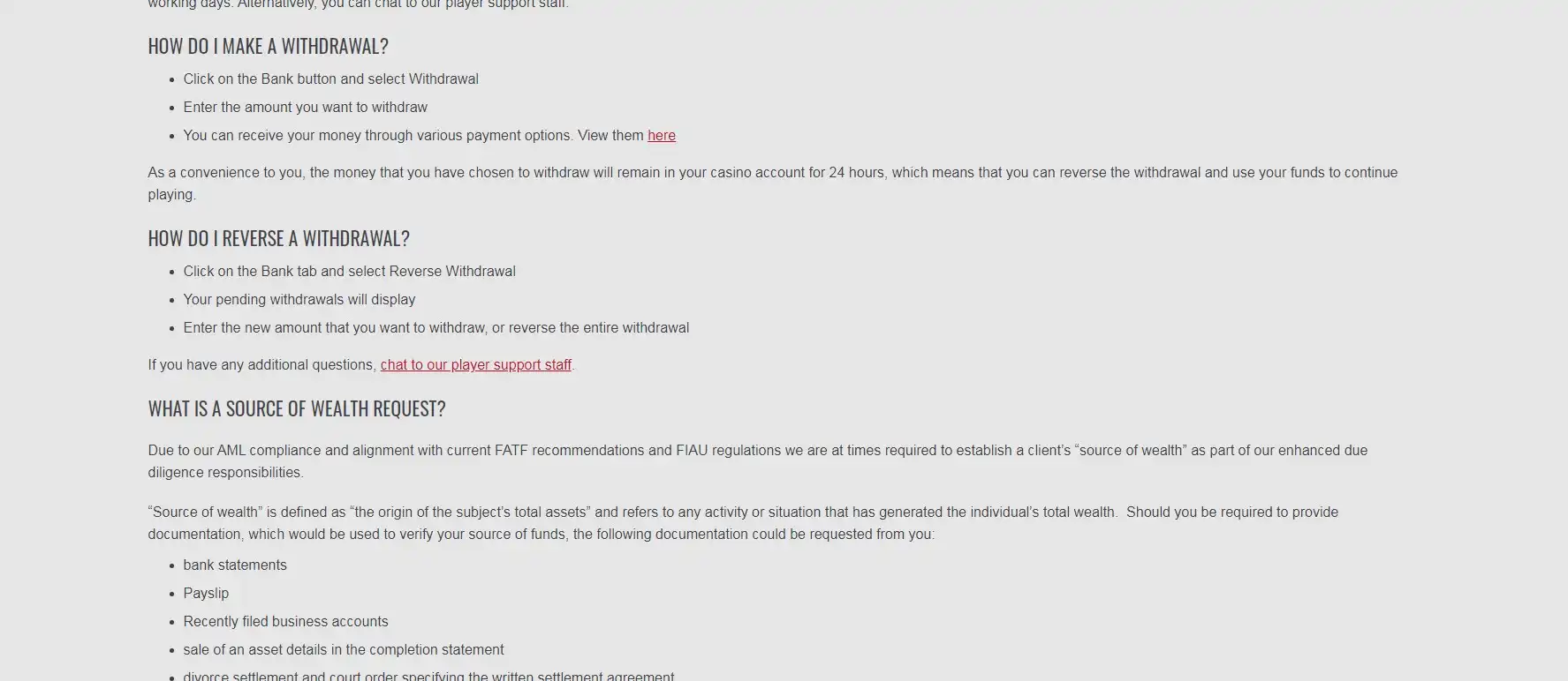 Platinum Play Casino Payment Methods