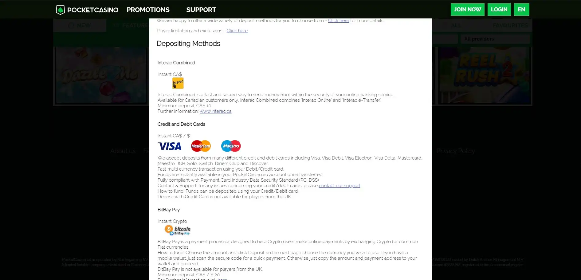 Pocket Casino Payment Methods