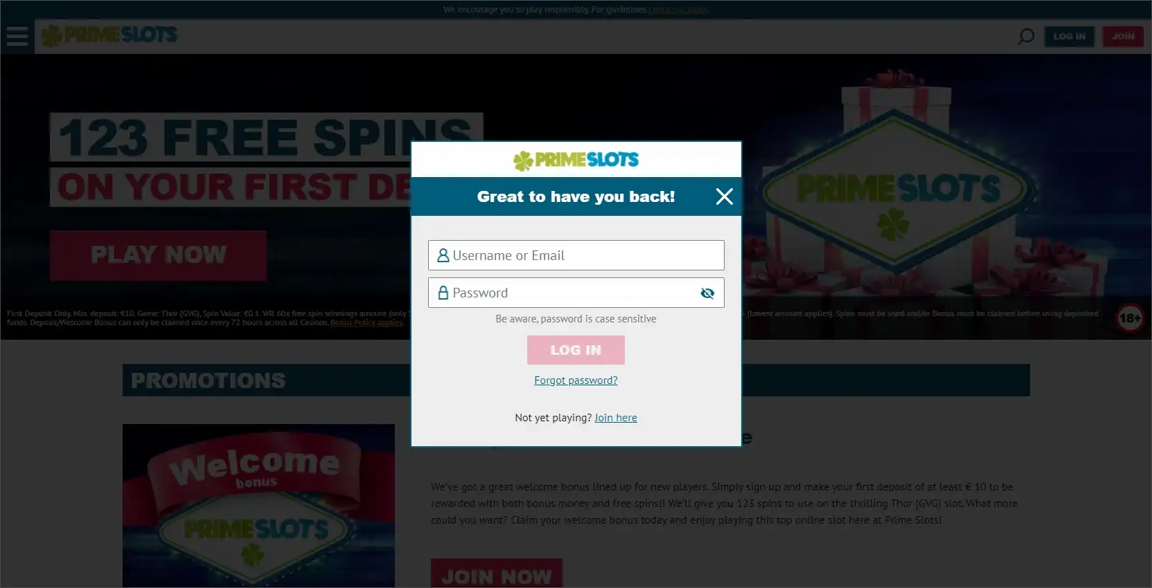 Prime Slots Casino Login