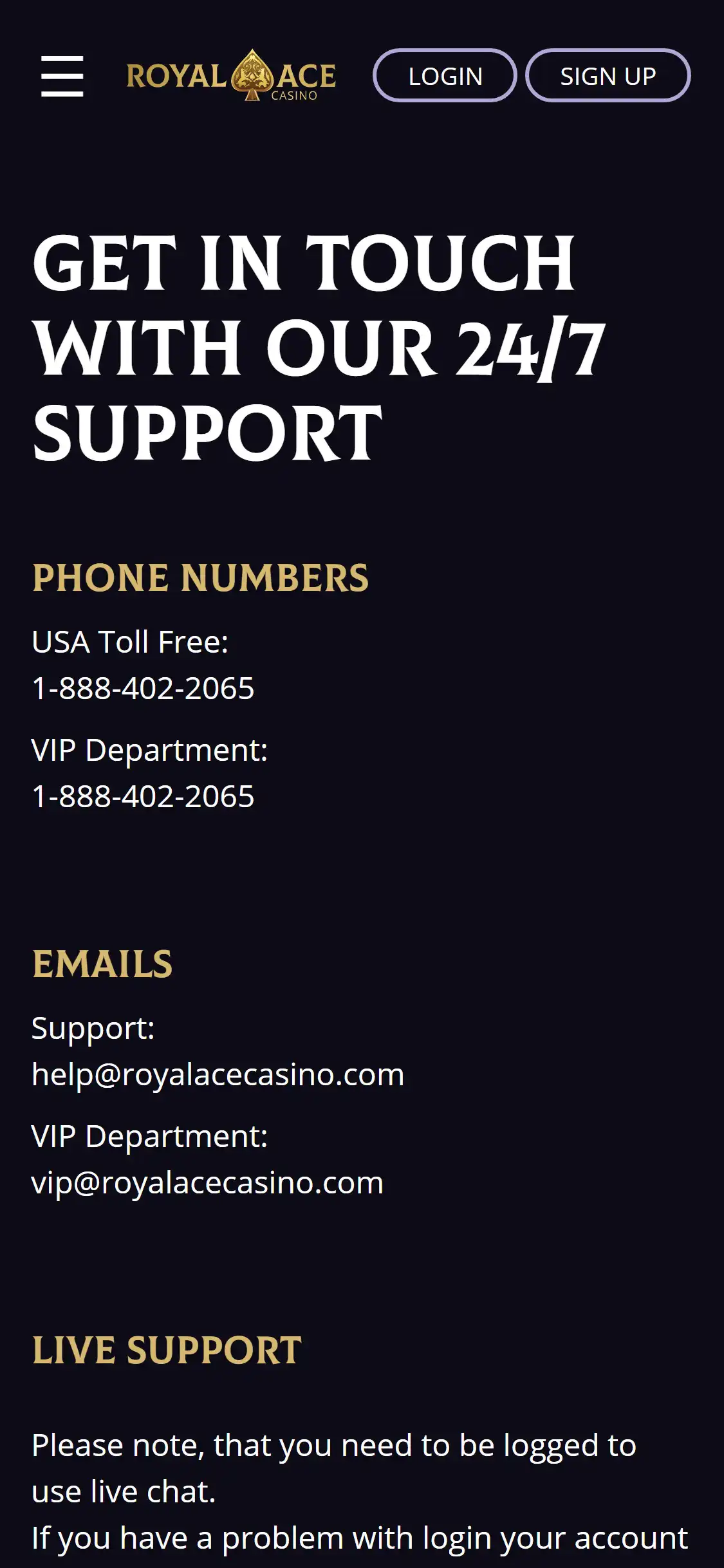 Royal Ace Casino Mobile Support Review