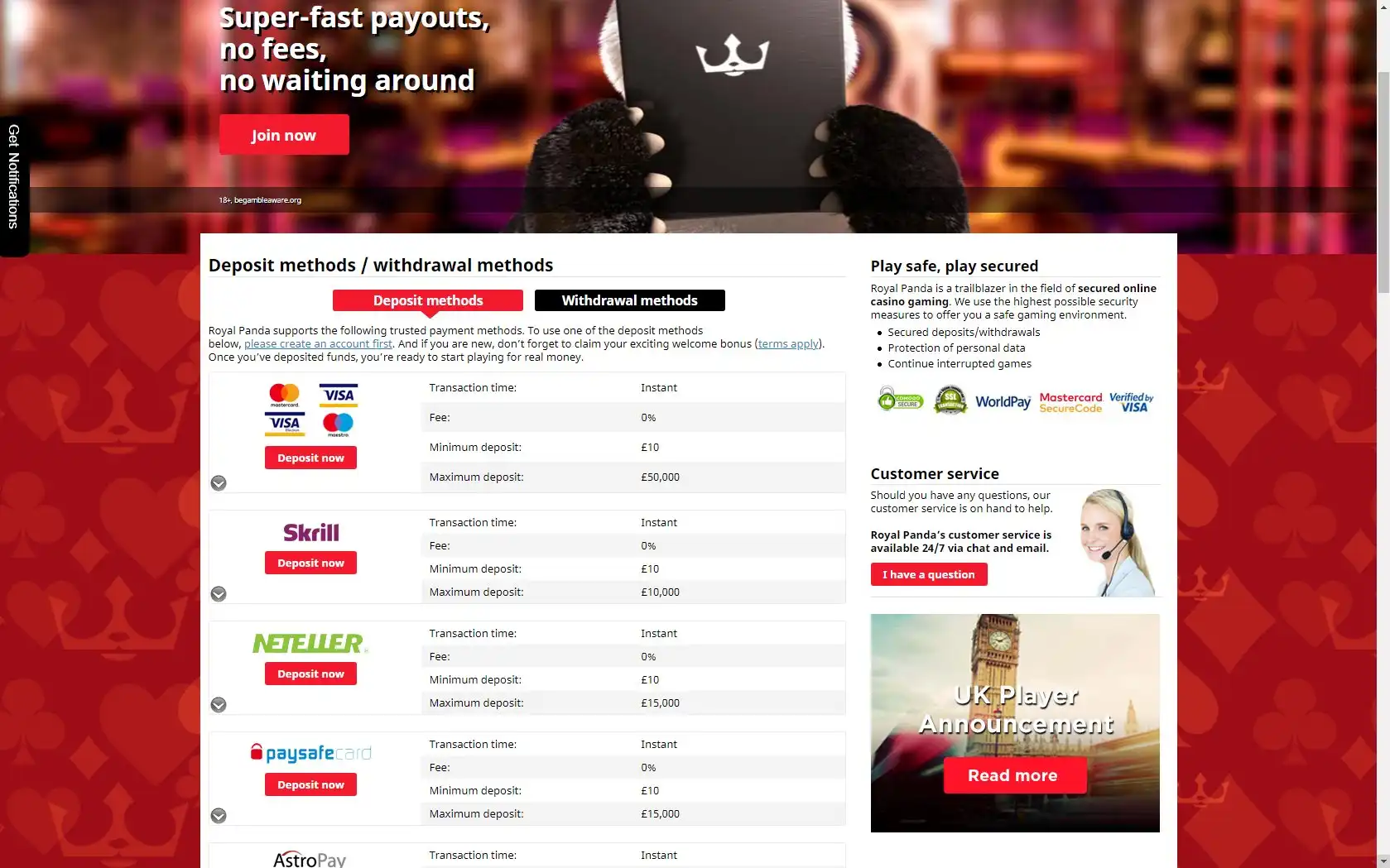Royal Panda Casino Payment Methods