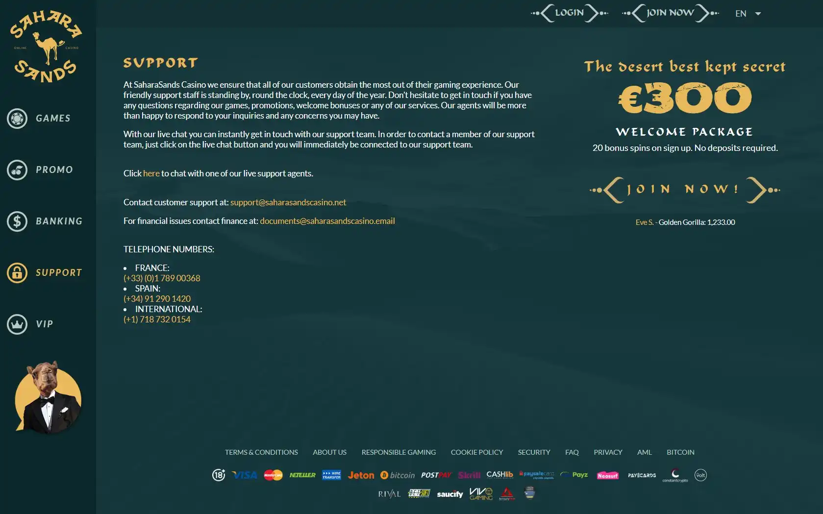 Sahara Sands Casino Support
