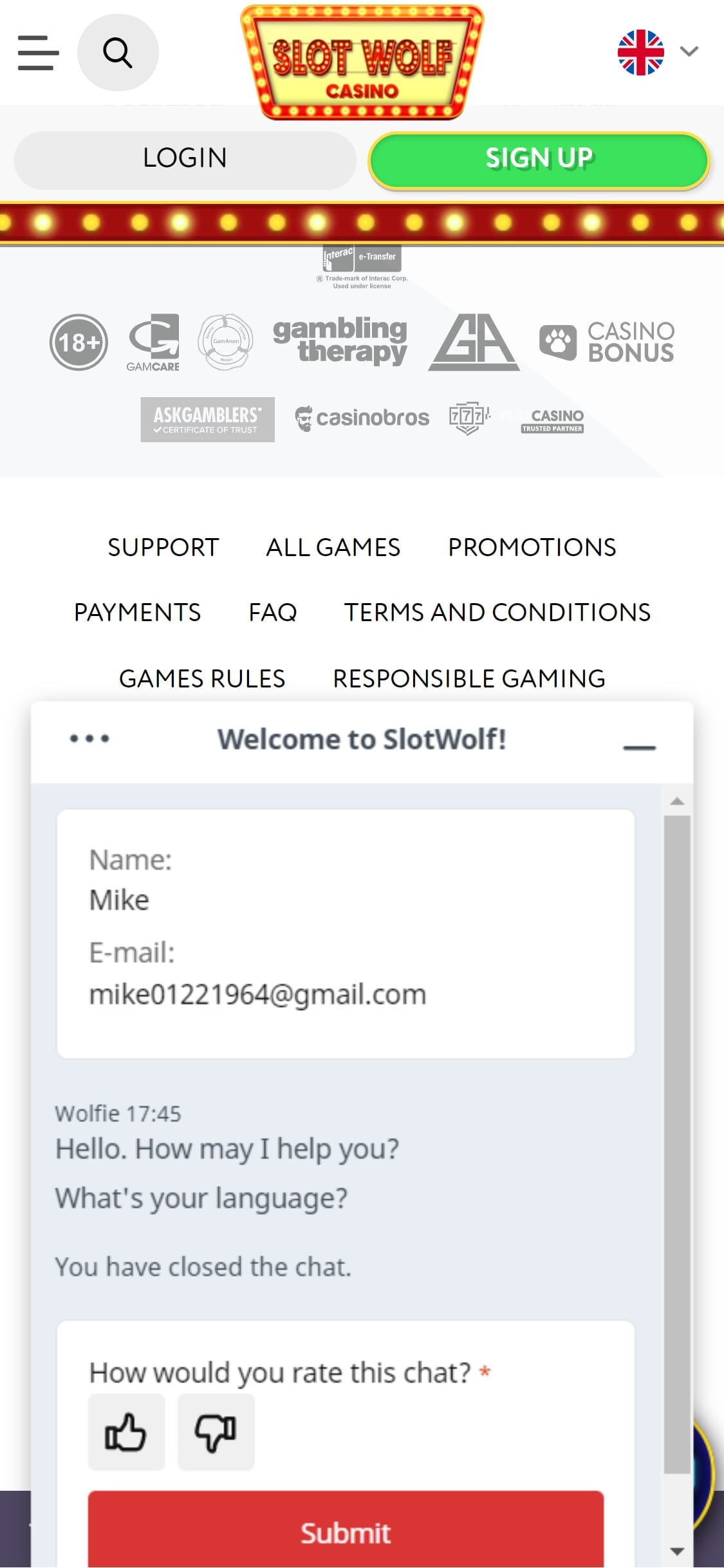 SlotWolf Casino Mobile Support Review