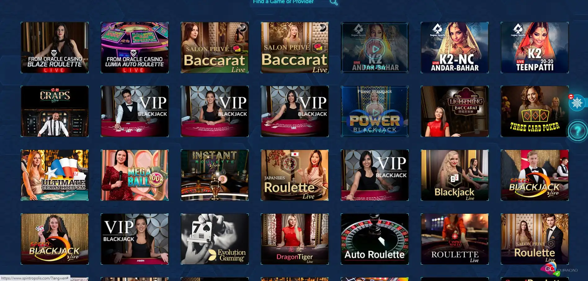Spintropolis Casino Live Dealer Games