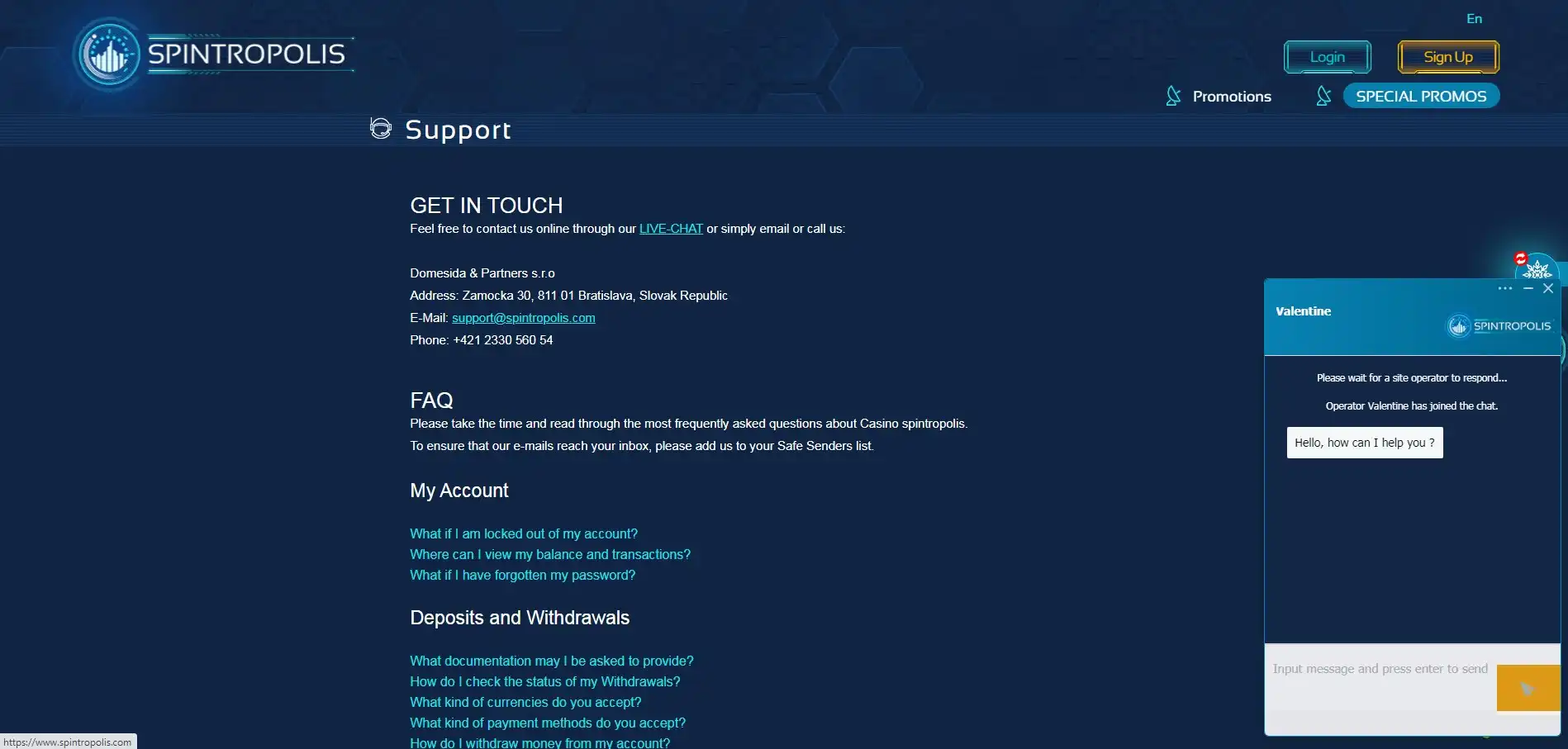 Spintropolis Casino Support