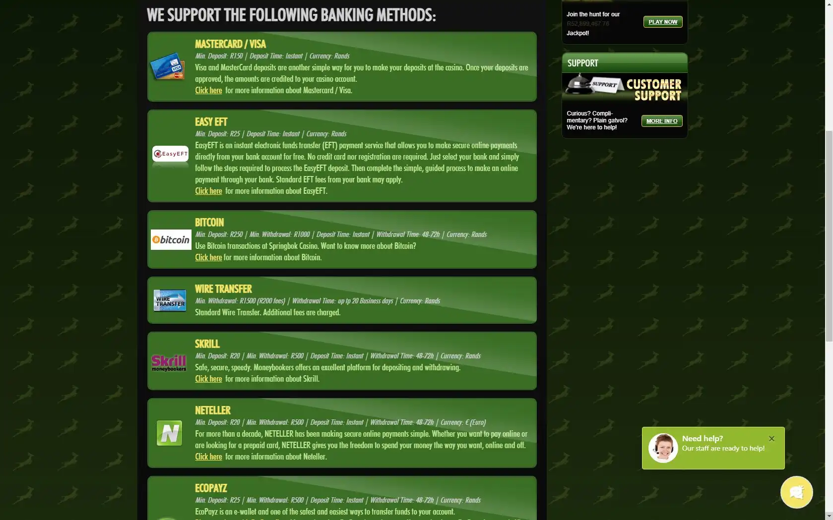 Springbok Casino Payment Methods