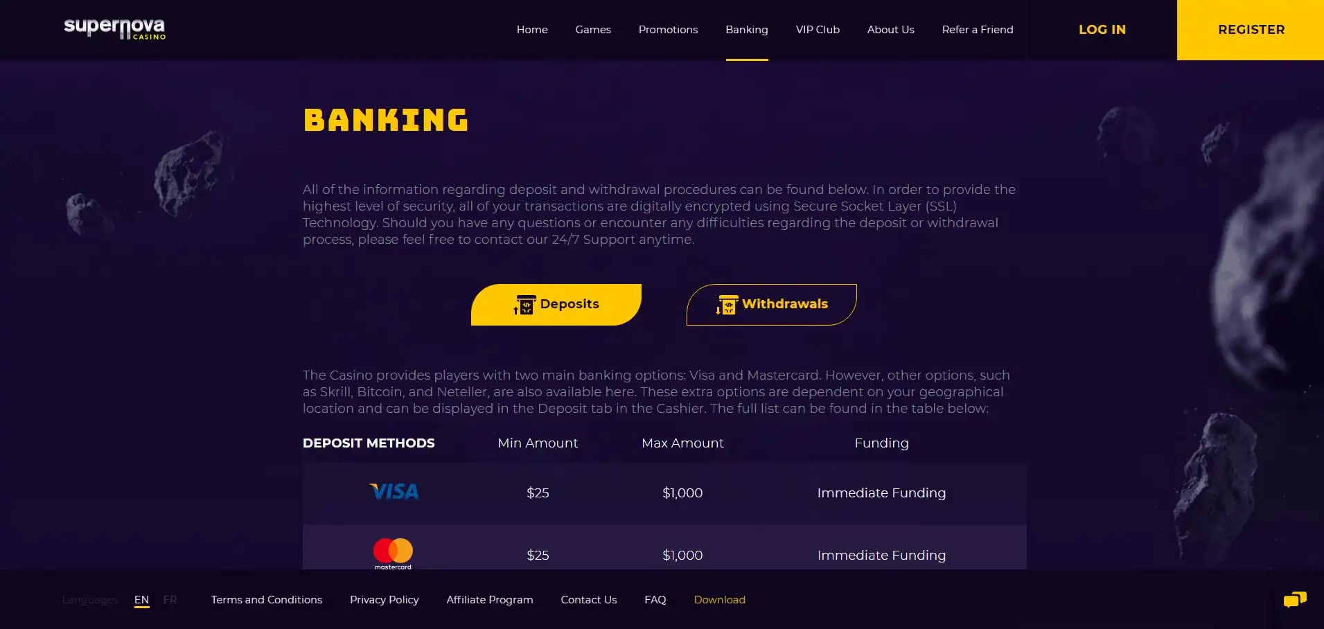 Super Nova Casino Payment Methods